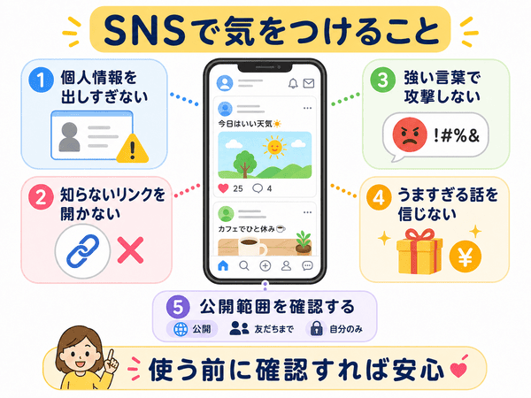 SNSで個人情報や詐欺や炎上に注意するポイントを初心者向けにまとめた図解