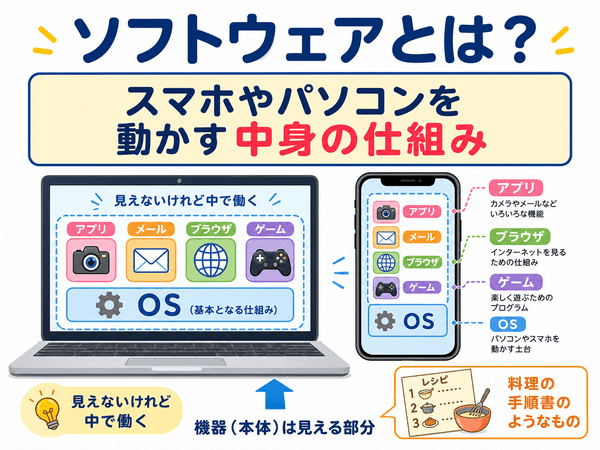 ソフトウェアとはスマホやパソコンを動かす中身の仕組みであることを説明した図解 必要な理由