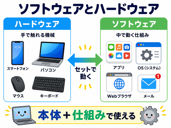 ハードウェアは手で触れる機械でソフトウェアは中で動く仕組みであることを説明した図解