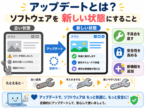 ソフトウェアアップデートは不具合修正や安全性向上や新機能追加のために行うことを説明した図解