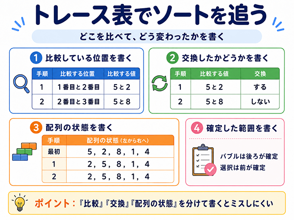 トレース表でソートを追う方法を初心者向けに示した図解
