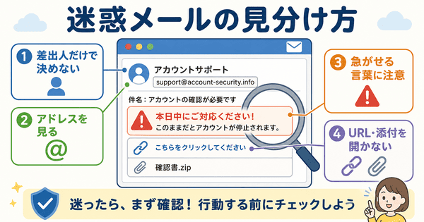 迷惑メールを見分けるために差出人やメールアドレスやURLを確認する図解