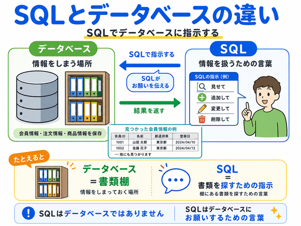 SQLとデータベースの違いを初心者向けに説明した図 必要な理由