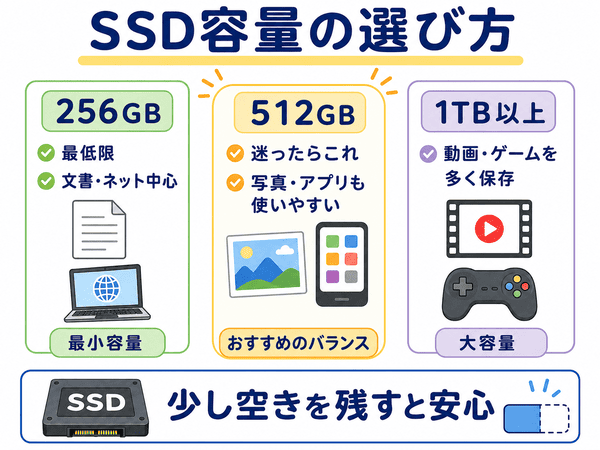 SSD容量を256GBと512GBと1TB以上で選ぶ目安をまとめた図解
