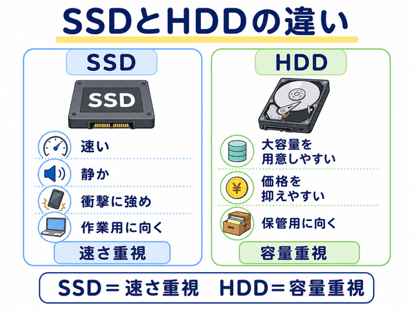 SSDとHDDの違いを速さや静かさや容量で比較した図解