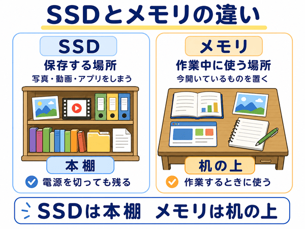 SSDは本棚でメモリは机の上にたとえて違いを説明した図解