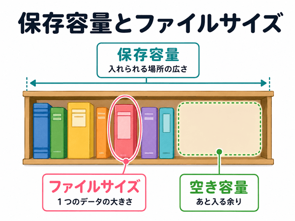 保存容量は入れられる場所の広さでファイルサイズは1つのデータの大きさであることを本棚で説明した図解