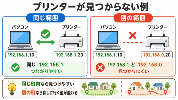 パソコンとプリンターのIPアドレスを比べて同じネットワークかどうかを説明した図
