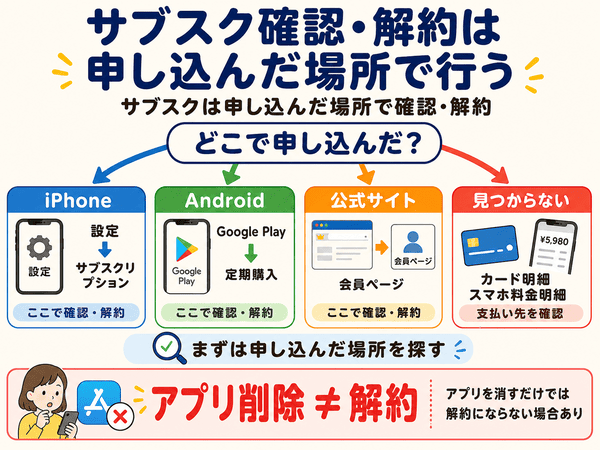 サブスクは申し込んだ場所で確認や解約をする