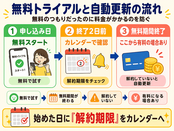 サブスク無料トライアル後に自動更新で有料になる流れ