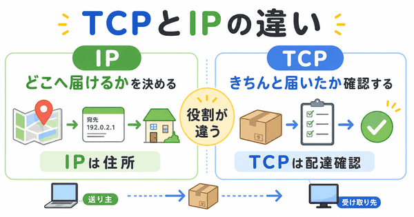 TCPとIPの違いをIPは住所 TCPは配達確認として説明した図解