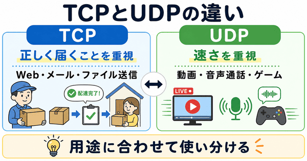 TCPとUDPの違いを正確さ重視と速さ重視で説明した図解