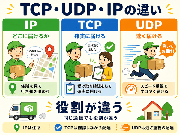 TCPとUDPとIPの違いを配達の例えで初心者向けに説明した図解