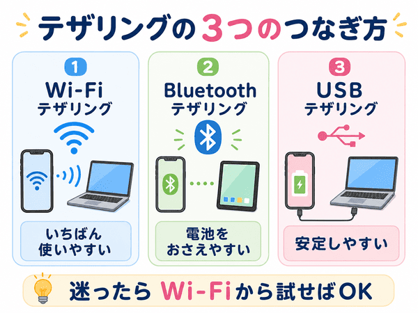 Wi-Fiテザリング、Bluetoothテザリング、USBテザリングの違いをやさしく比較した図