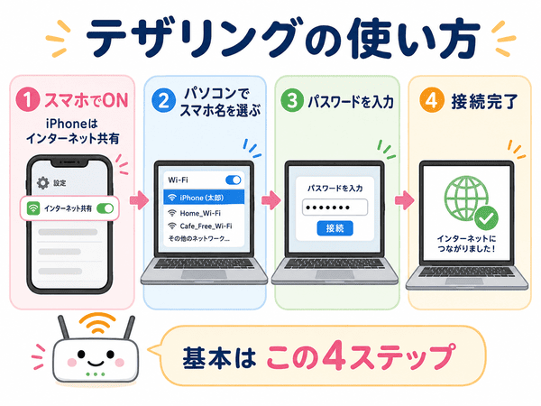 テザリングの使い方を、スマホでオンにするところから接続完了まで4ステップで示した図
