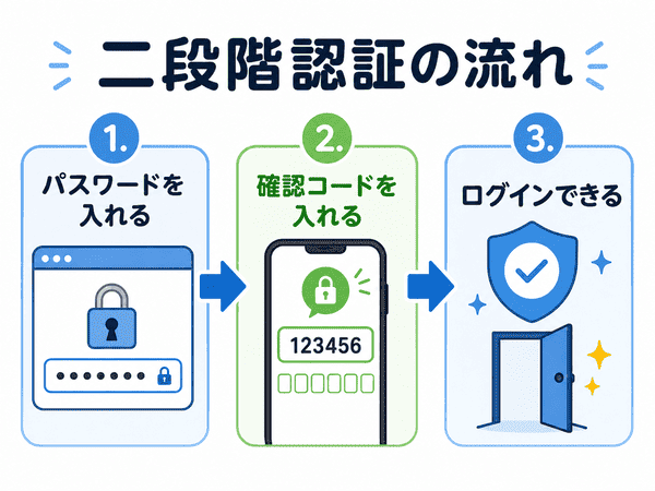 二段階認証のログインの流れを3ステップで説明した図解