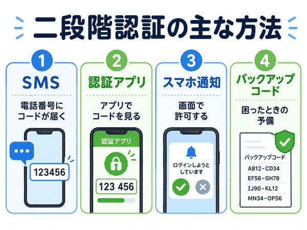二段階認証のSMS、認証アプリ、通知、バックアップコードの違いをまとめた図解