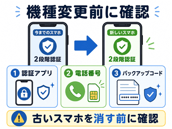 二段階認証の機種変更前に認証アプリやバックアップコードを確認する図解