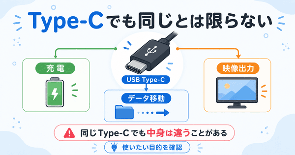 USB Type-Cでも充電やデータ転送や映像出力など対応する機能が違うことを説明した図解