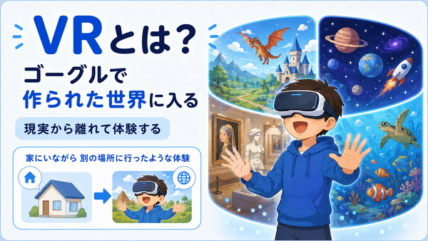 VRがゴーグルを使って作られた世界に入るように体験する技術であることを説明した図解