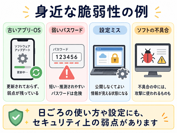 古いアプリや弱いパスワードや設定ミスなど身近な脆弱性の例を示した図