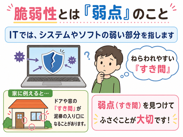 脆弱性とは弱点のことをパソコンの割れた盾と家のすき間で示した図