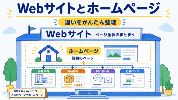 Webサイトはページ全体のまとまりでホームページは最初のページであることを説明した図解