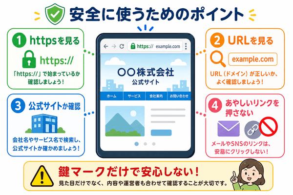Webサイトを安全に使うためにhttpsやURLや公式サイトかどうかを確認するポイントを説明した図解
