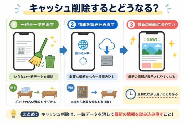 キャッシュ削除すると一時データが消えて最新画面を読み込みやすくなることを説明した図解