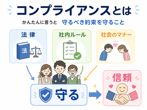 コンプライアンスとは法律・社内ルール・社会のマナーを守り信頼につなげることを示した図