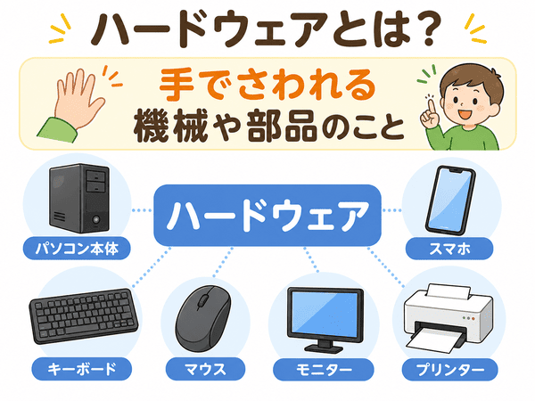 ハードウェアとは手でさわれる機械や部品のことを説明した図解