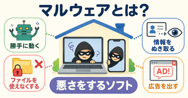 マルウェアとはパソコンやスマホに悪い動きをさせるソフトだと説明した図解