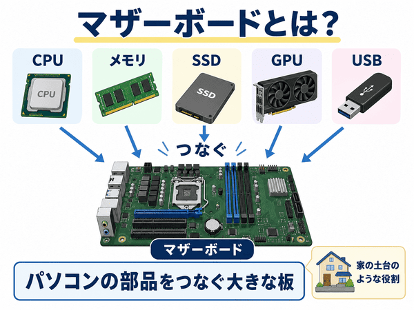 マザーボードとはCPUやメモリやSSDなどの部品をつなぐ大きな板であることを示した