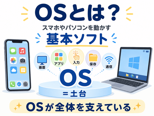 OSとはスマホやパソコンを動かす基本ソフトであることを初心者向けに説明した図解