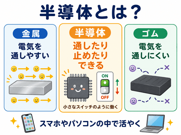 半導体とは電気を通したり止めたりできる材料であることを示した図
