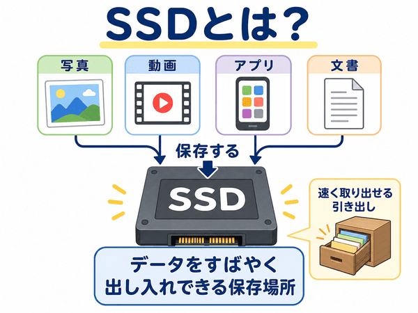 SSDとは写真や動画やアプリを保存する速いストレージであることを示した図解