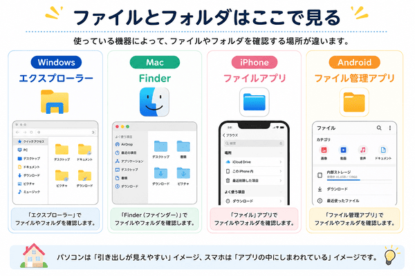 WindowsやMacやiPhoneやAndroidでファイルとフォルダを見る場所を説明した図解