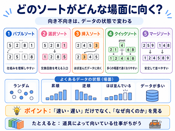 どのソートがどんな場面に向くかを比較した初心者向け図解