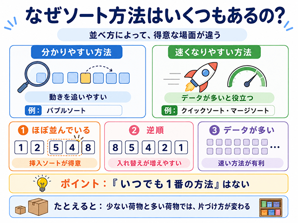 ソート方法がいくつもある理由を初心者向けに示した図解