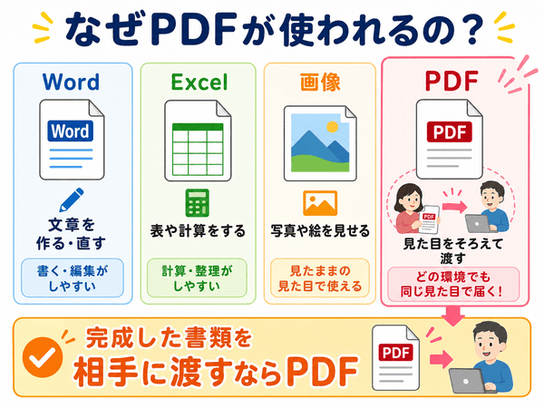 PDFがWordやExcelや画像ではなく完成した書類の共有に使われる理由を説明した図解