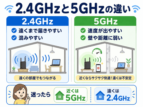 Wi-Fiの2.4GHzと5GHzの違いを比較した図解