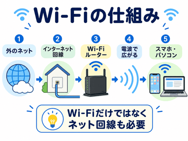 Wi-Fiの仕組みをインターネット回線とルーターで示した図解