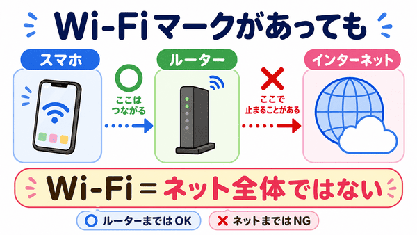 Wi-Fiマークが出ていてもルーターから先のインターネットにつながっていない場合があることを説明した図解