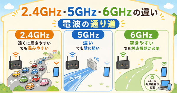 2.4GHzと5GHzと6GHzの違いを電波の通り道として説明した図解