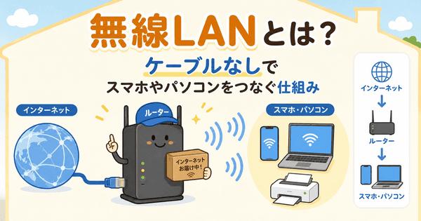 無線LANとはルーターからスマホやパソコンへ電波を飛ばしてつなぐ仕組み