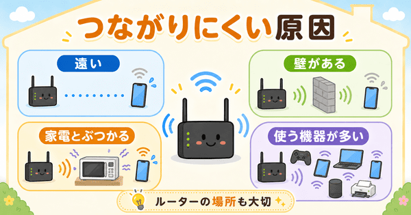 無線LANがつながりにくい原因を距離や壁や家電や機器の多さで説明した図解