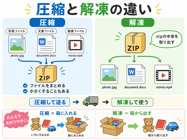 zipファイルの圧縮と解凍の違いを初心者向けに説明した図