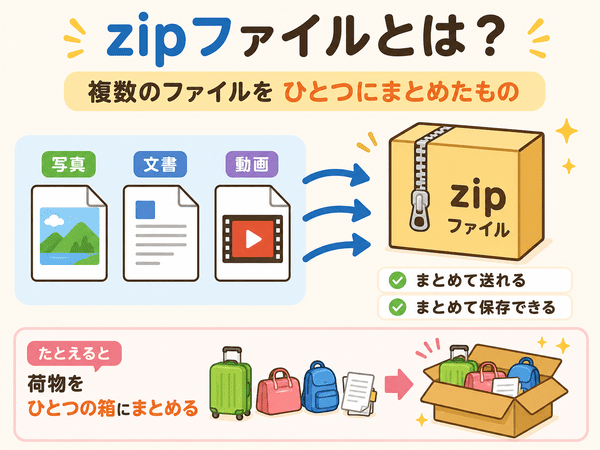zipファイルとは複数のファイルをひとつにまとめたものだと説明した図