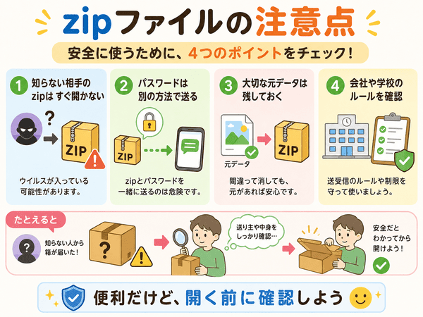 zipファイルを安全に使うための注意点を説明した図