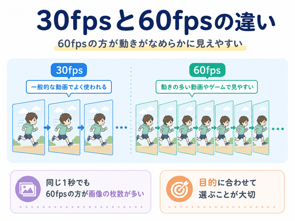 30fpsと60fpsの違いを画像の枚数と動きのなめらかさで比較した図